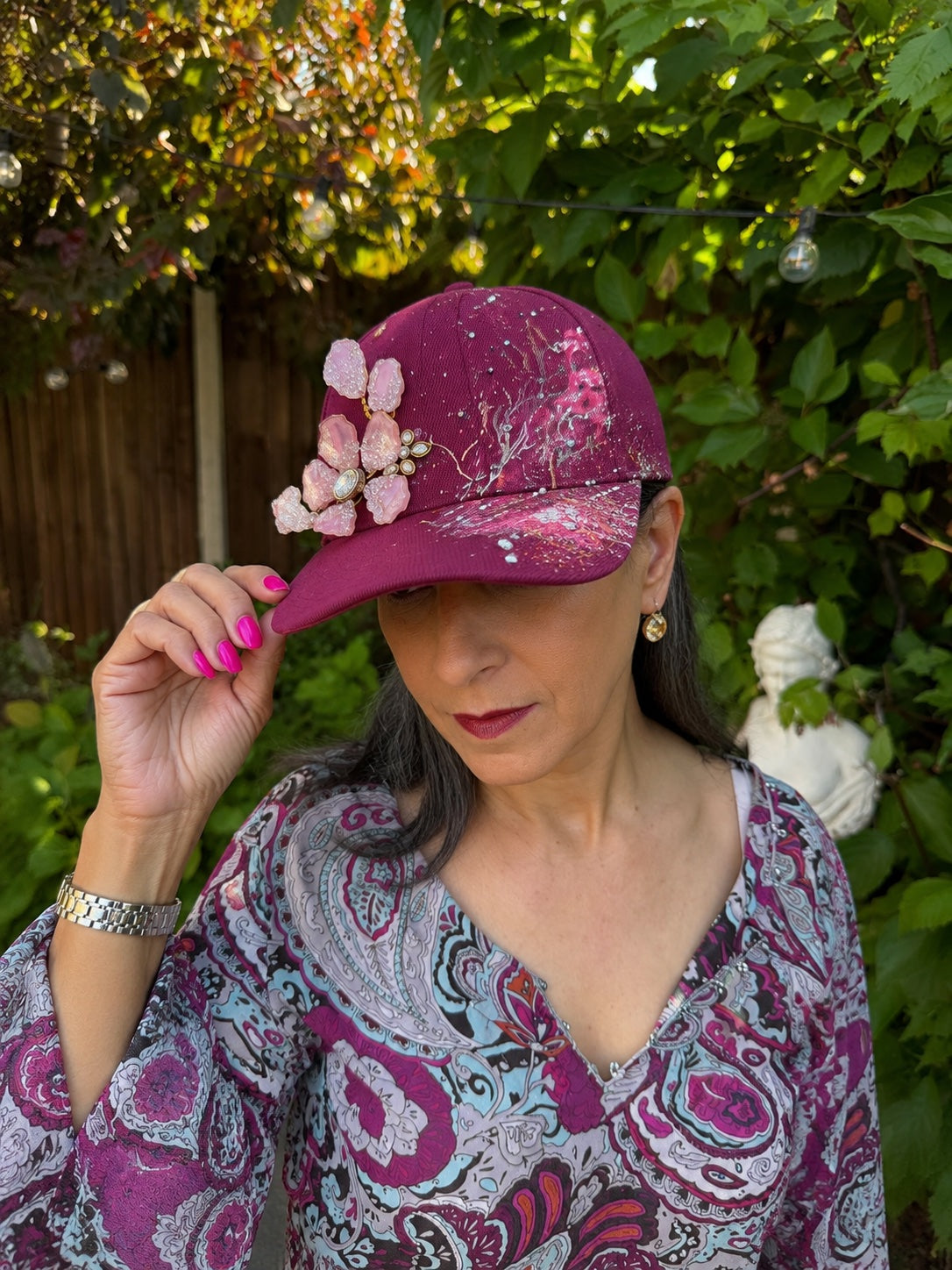 Rebirth — Handcrafted Art Cap in Deep Berry & Blush