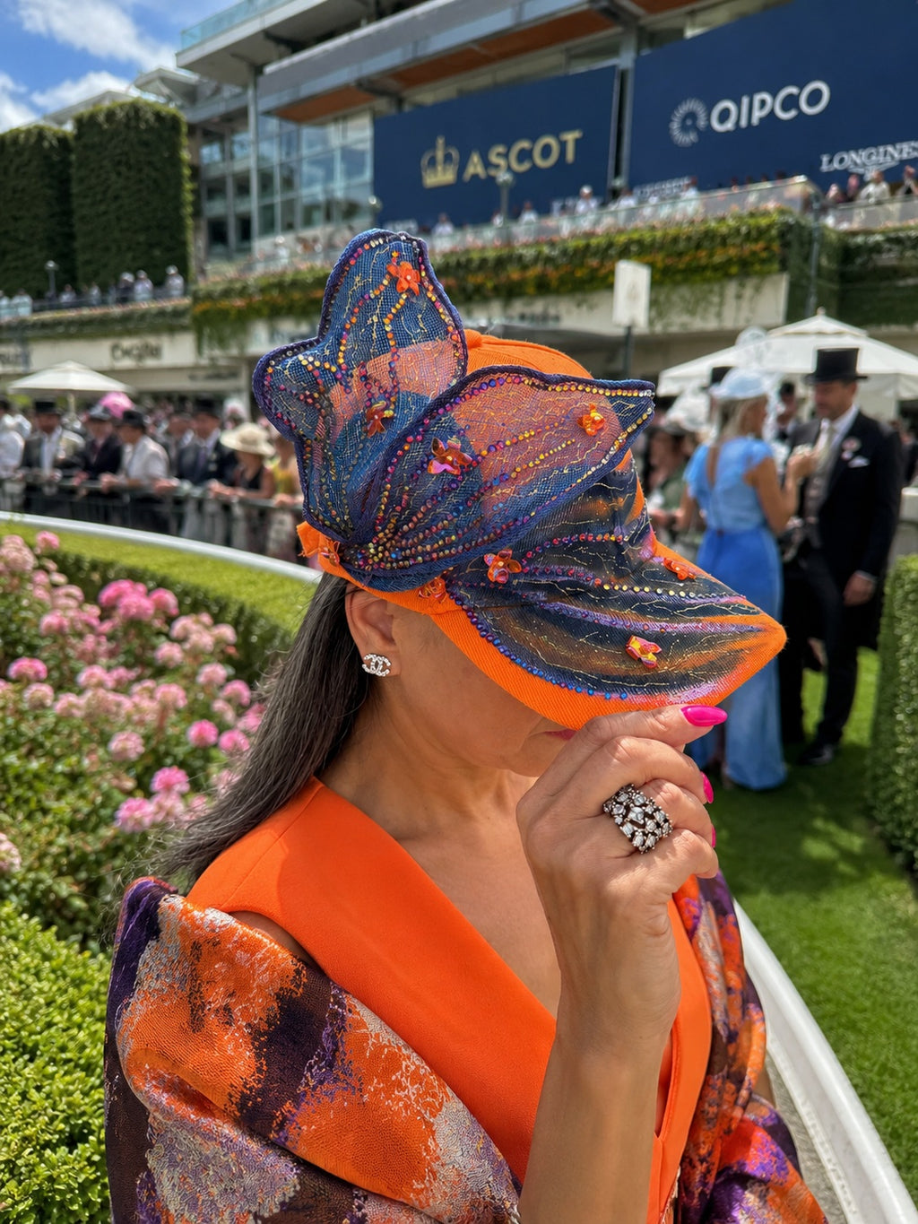 Phoenix — Handcrafted Iridescent Art Cap in Tangerine & Midnight Blue