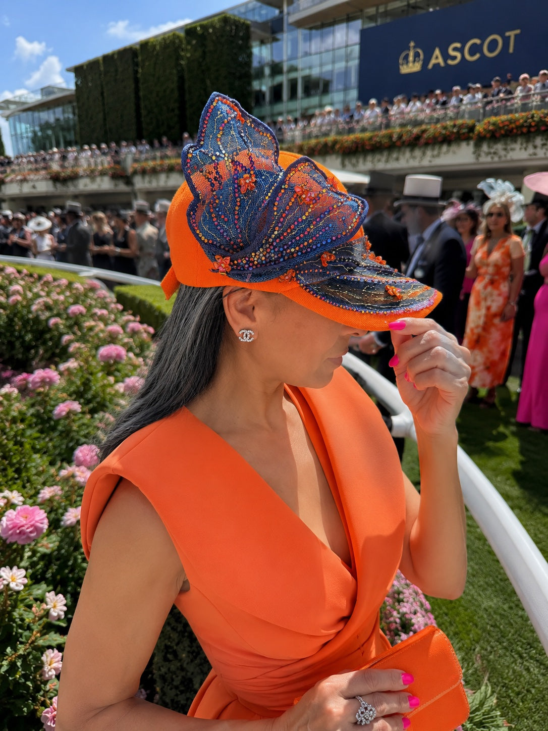 Phoenix — Handcrafted Iridescent Art Cap in Tangerine & Midnight Blue
