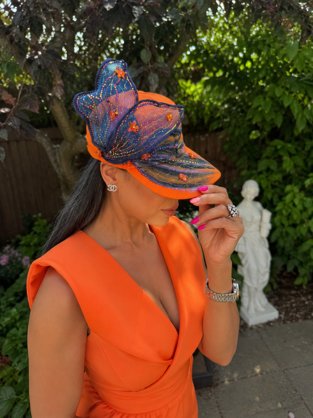Phoenix — Handcrafted Iridescent Art Cap in Tangerine & Midnight Blue