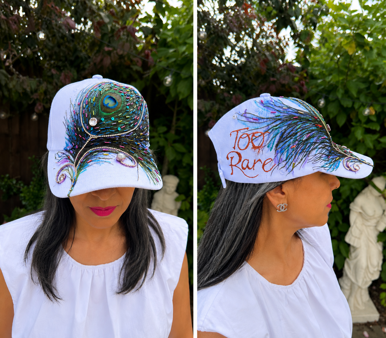 Too Rare — Handcrafted Peacock Art Cap in Pastel Blue & Iridescent Gold