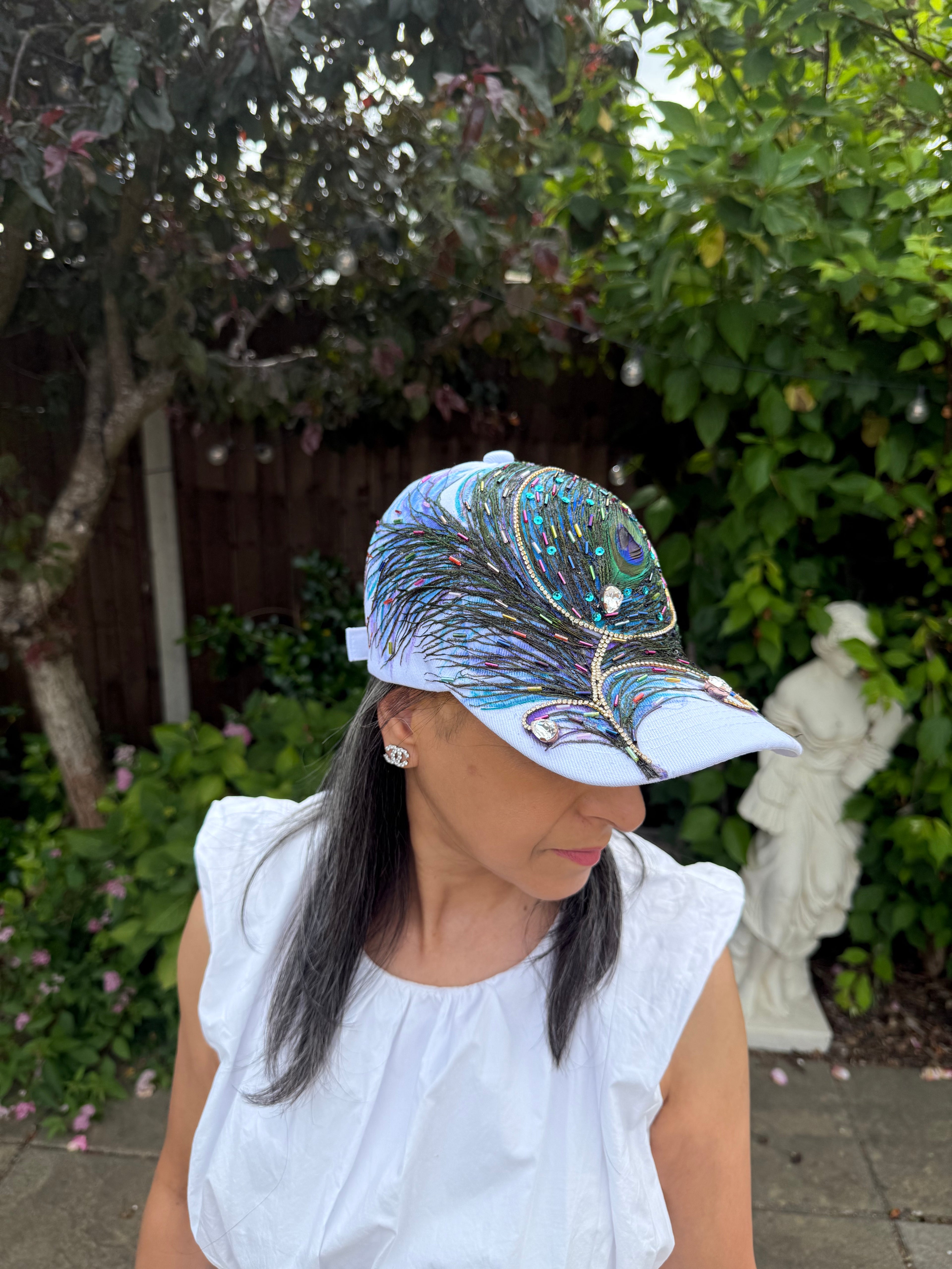 Too Rare — Handcrafted Peacock Art Cap in Pastel Blue & Iridescent Gold
