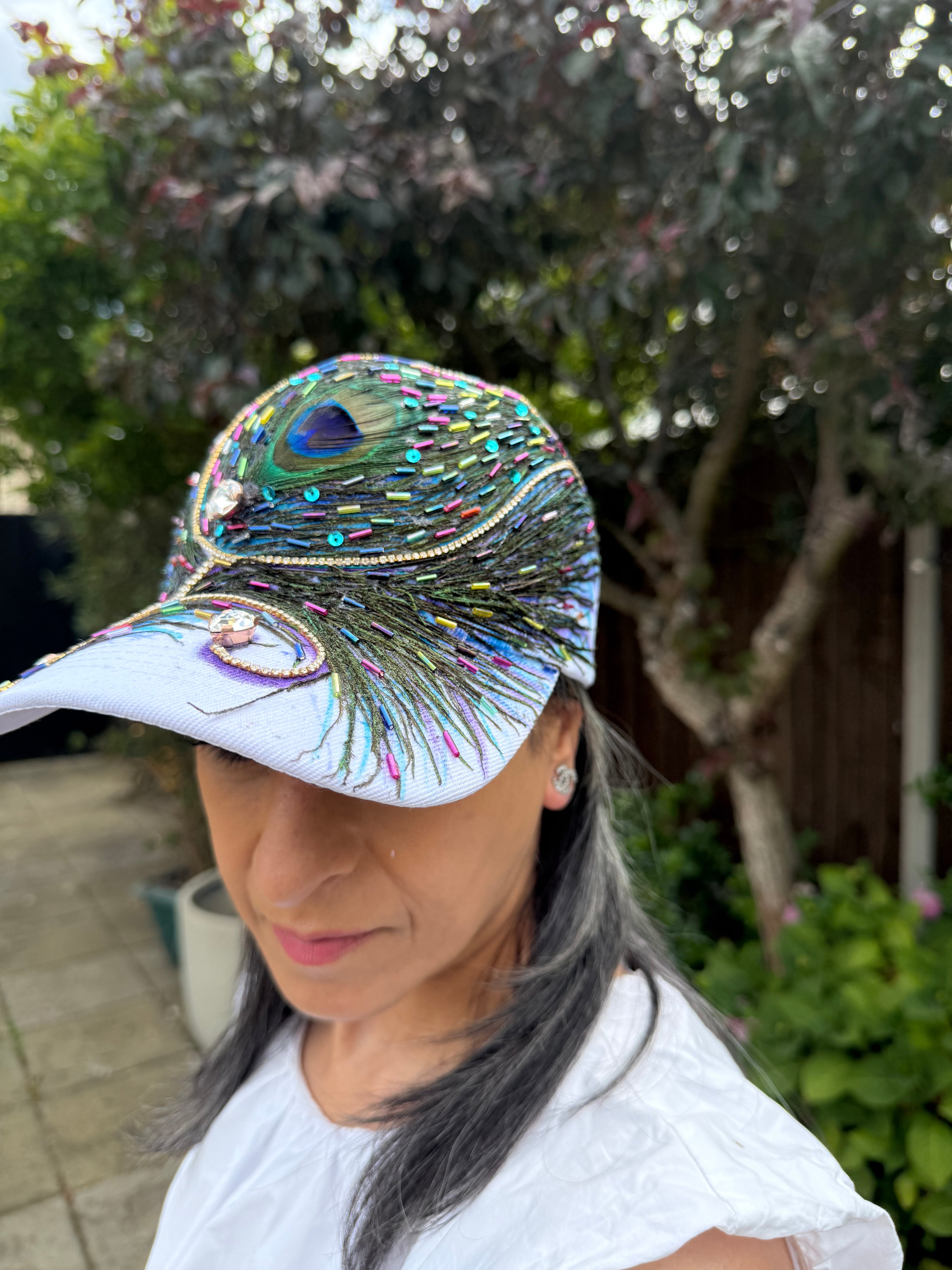 Too Rare — Handcrafted Peacock Art Cap in Pastel Blue & Iridescent Gold
