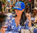 Handcrafted sapphire blue crystal statement cap by TOO CREATIVE