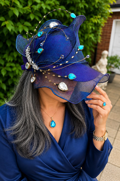 Infinite — Handcrafted Jewelled Art Hat in Sapphire Blue & Gold