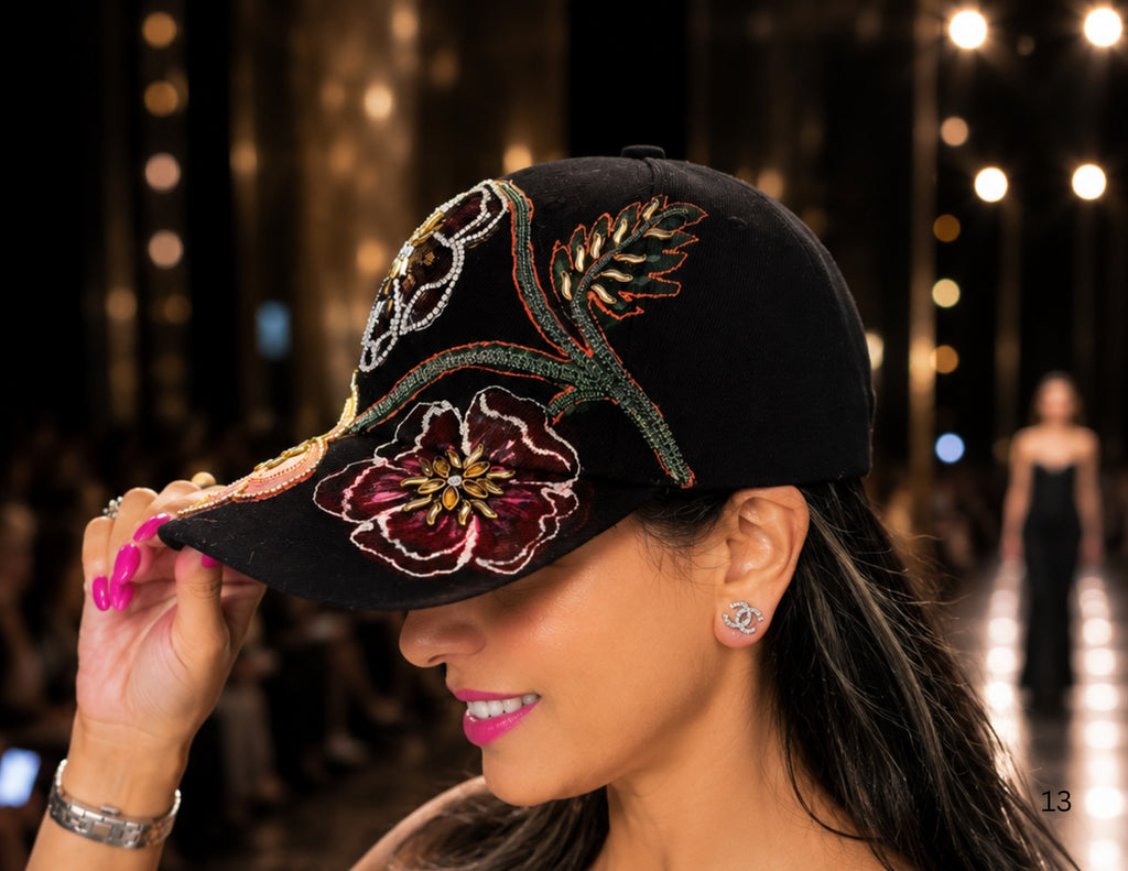 Midnight Bloom — Handcrafted Floral Art Cap in Black & Burgundy